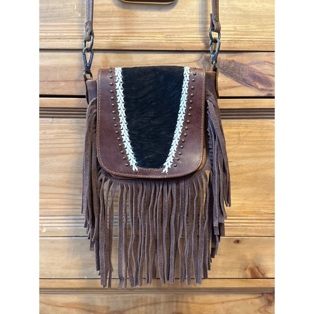 American Darling Calf Hair Leather Studded Fringe Crossbody Bag